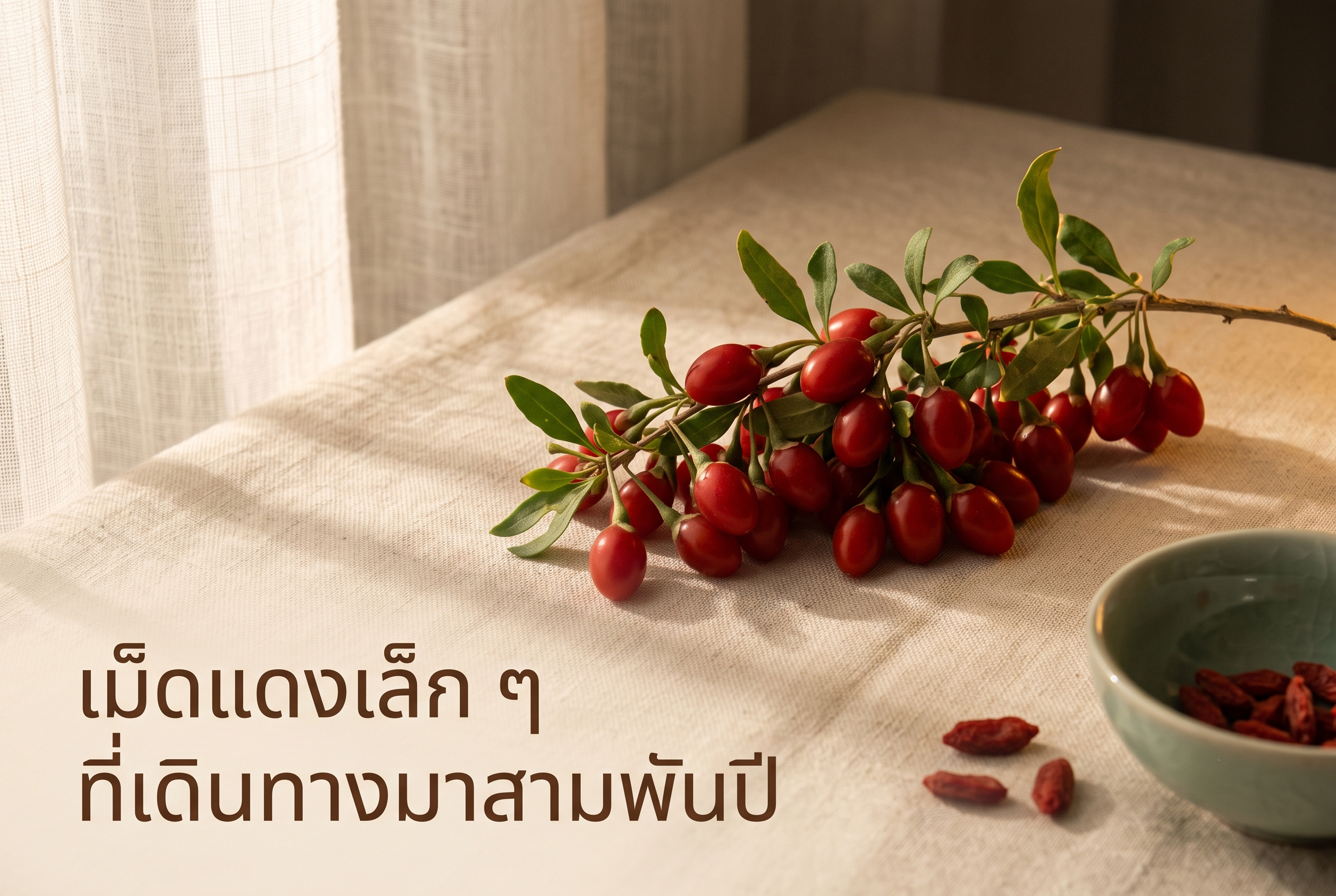 ผลเก๋ากี้สดสีแดงบนกิ่ง สมุนไพรจีนโบราณบำรุงตับ ไต และสายตา