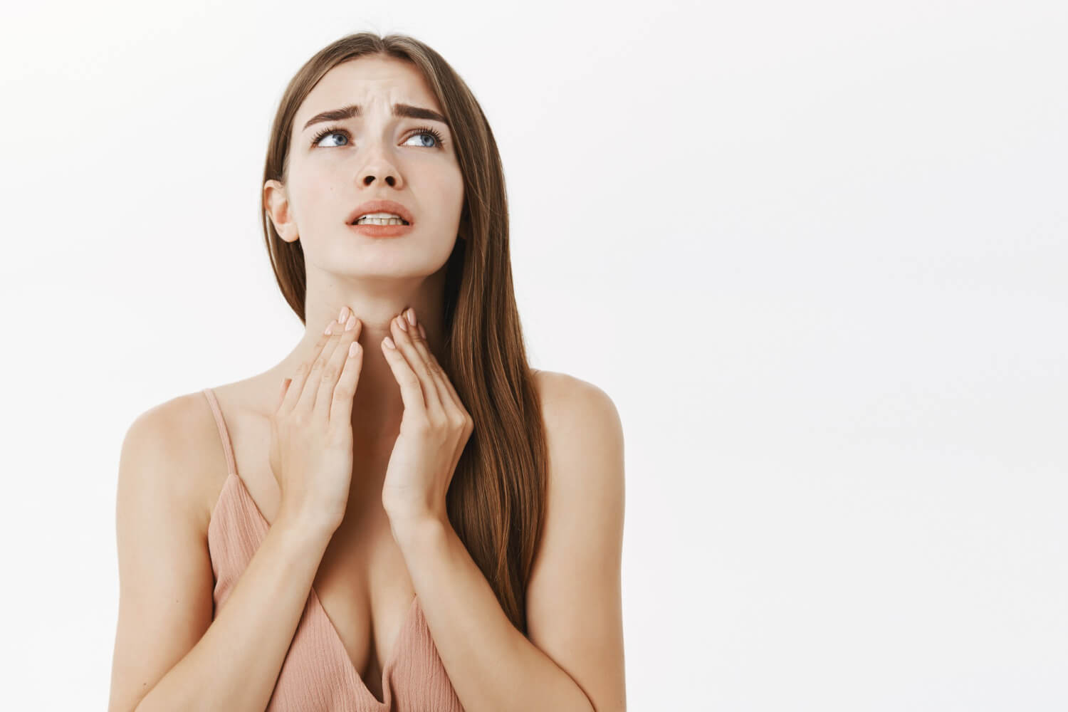 woman-getting-ill-before-important-meeting-feeling-discomfort-suffering-from-pain-throat-touching-neck-frowning-clenching-teeth-from-terrible-feeling-posing woman-getting-ill-before-important-meeting-feeling-discomfort-suffering-from-pain-throat-touching-neck-frowning-clenching-teeth-from-terrible-feeling-posing
