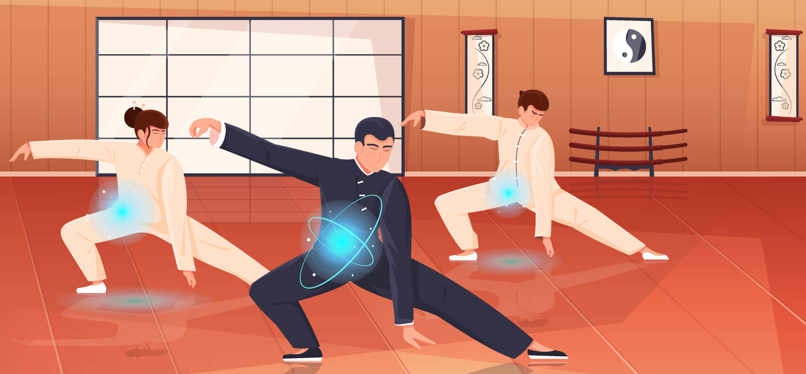Qigong energy flat composition with instructor training two young people in gym vector illustration